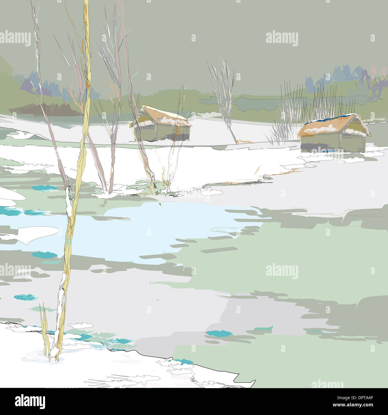 Illustration Of Wintertime With Couple Of Cabins And Frozen Lake
