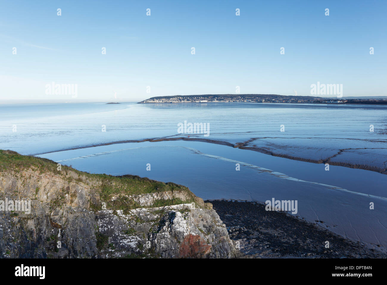 View from Brean Down over Weston Bay at low tide towards Weston-super-Mare. Somerset. England. UK. Stock Photo