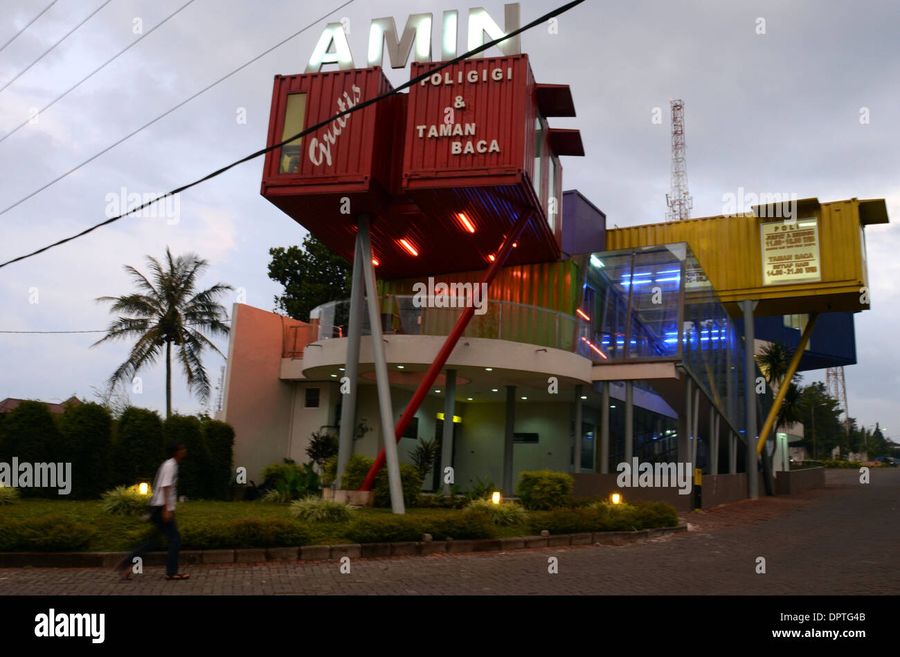 The exterior of a unique library building 'AMIN', which is constructed out of seven cargo containers Stock Photo