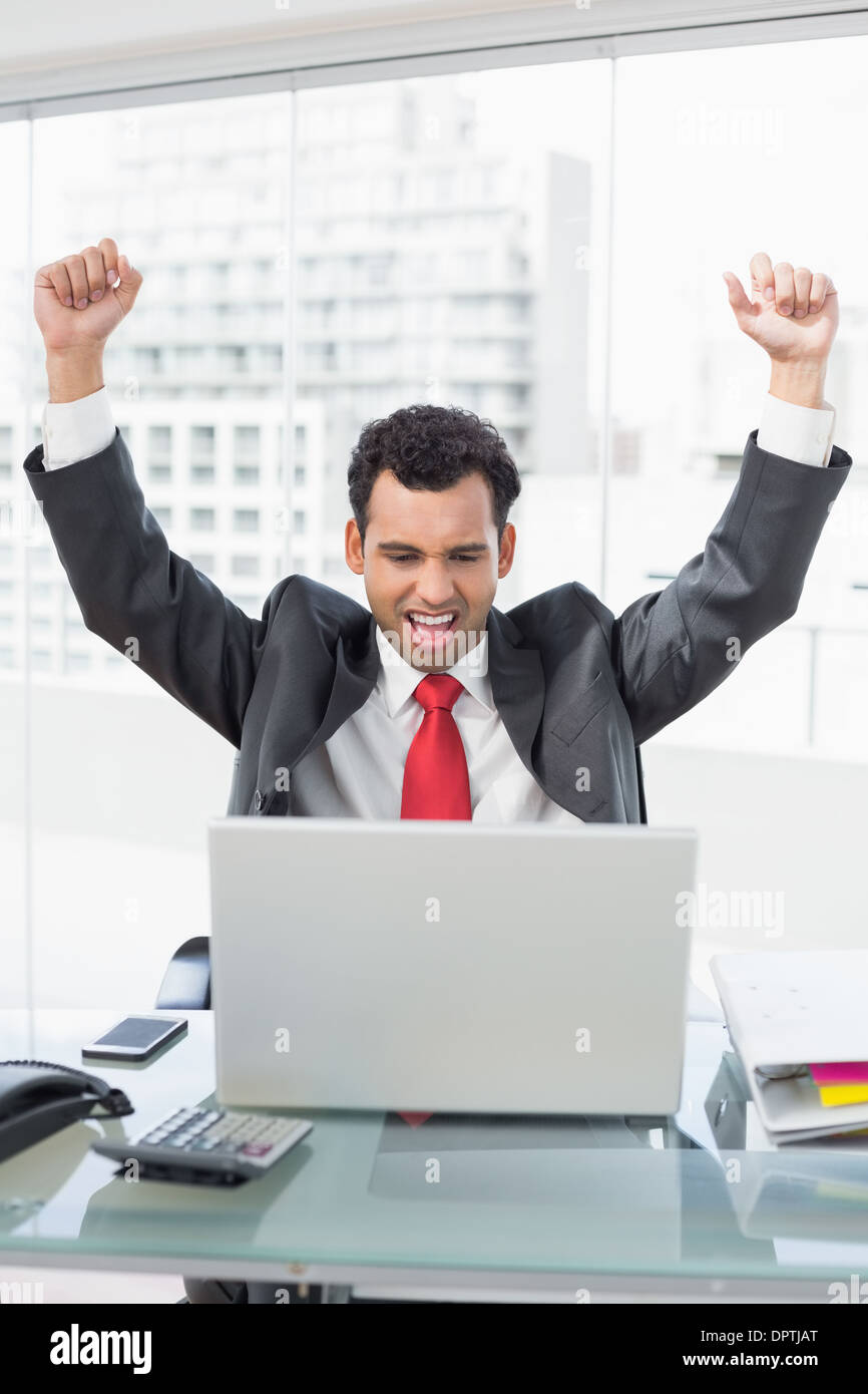 Businessman cheering in front of laptop at office desk Stock Photo - Alamy