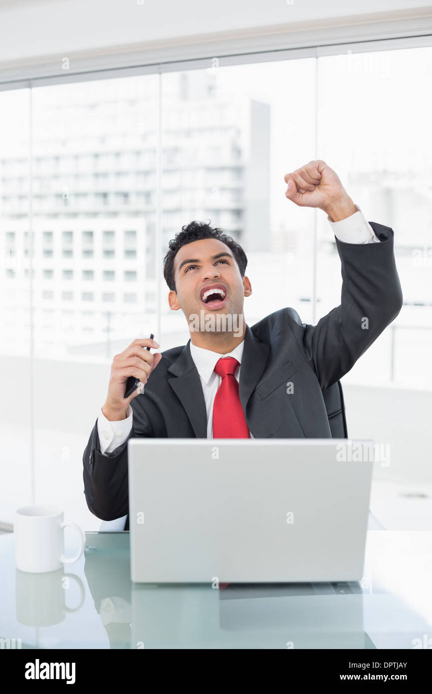 Cheering businessman desk in hi-res stock photography and images - Alamy