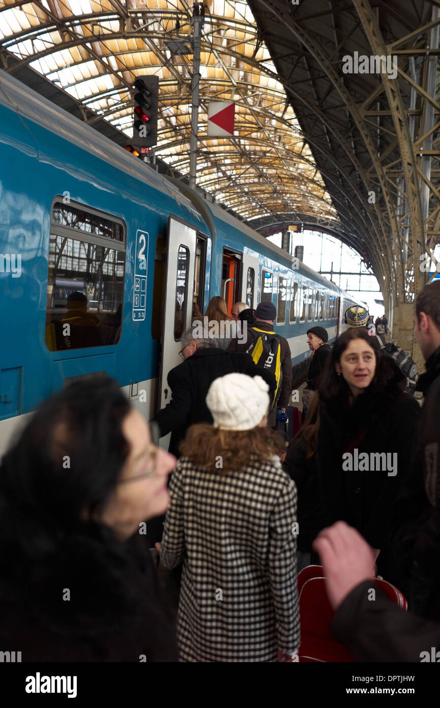 Passengers on a platform at the main train station in Prague. Hlavni Nadrazi Czech Republic Stock Photo