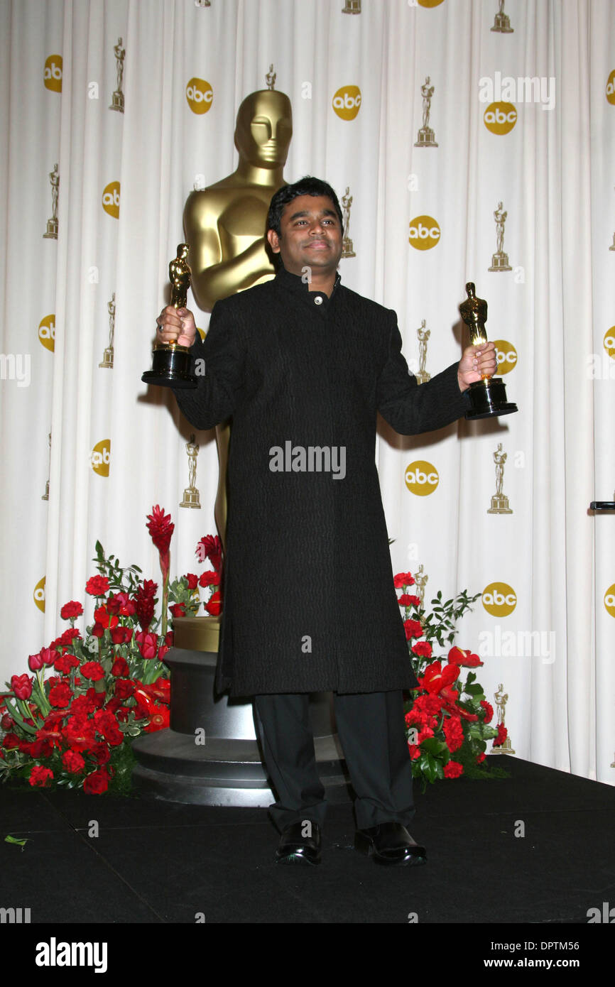 Feb 22, 2009 - Hollywood, California, USA -  Composer A.R. RAHMAN with the awards for 'Achievement in Music', Best Original Song 'Jai Ho' and Original Score for Slumdog Millionaire in the pressroom at the 81st Annual Academy Awards held at the Kodak Theatre in Hollywood. (Credit Image: © Paul Fenton/ZUMA Press) Stock Photo