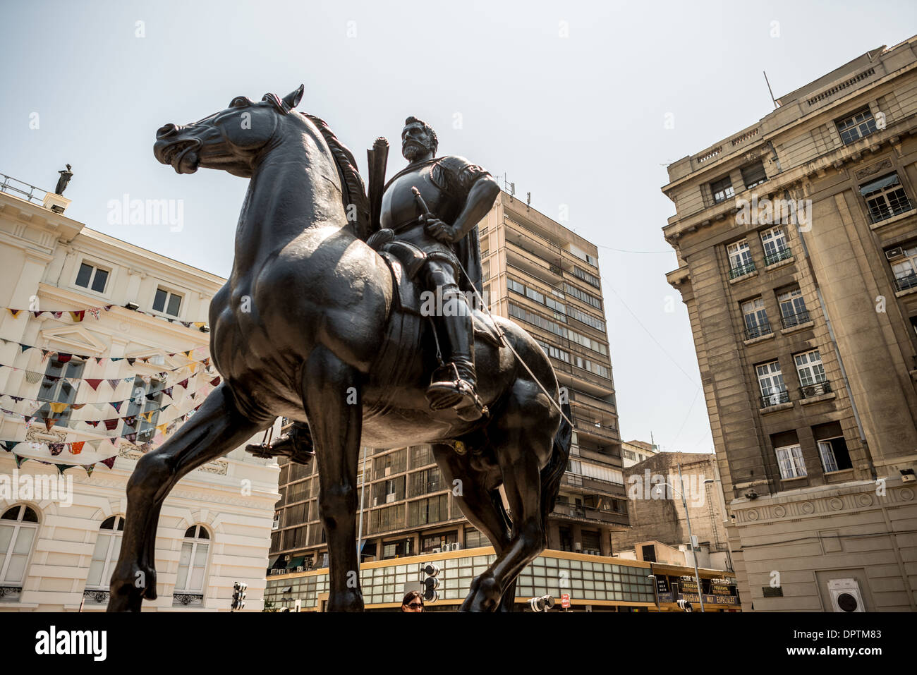 SANTIAGO, Chile - An equestrian statue of Don Pedro de Valdivia, the Spanish conquistador who founded Santiago in 1541, in Plaza de Armas in the center of Santiago de Chile. Stock Photo