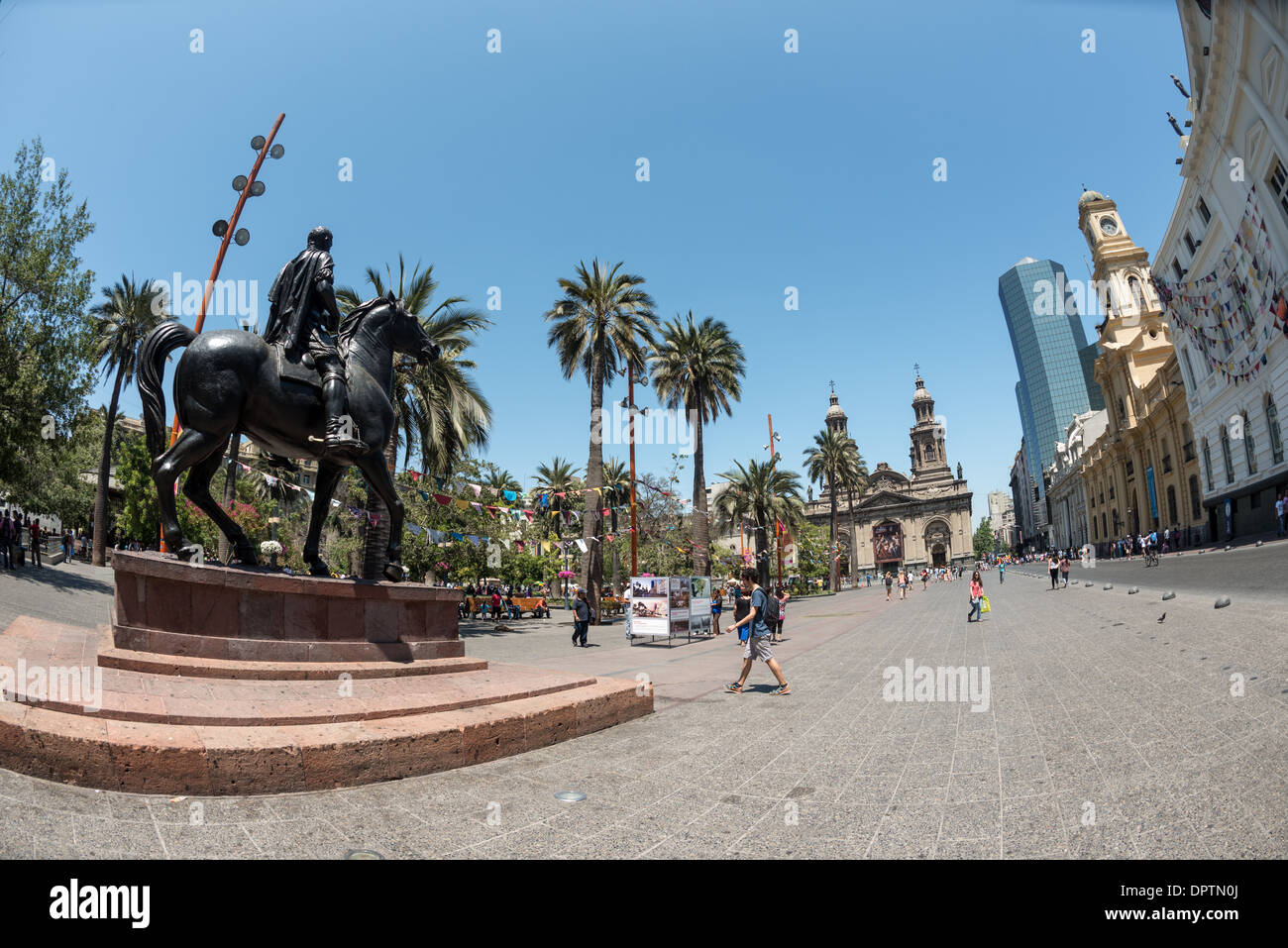 SANTIAGO, Chile - An equestian statue of Valdivia, the Spanish conquistador who founded Santiago in 1541, in Plaza de Armas in the center of Santiago de Chile. Stock Photo