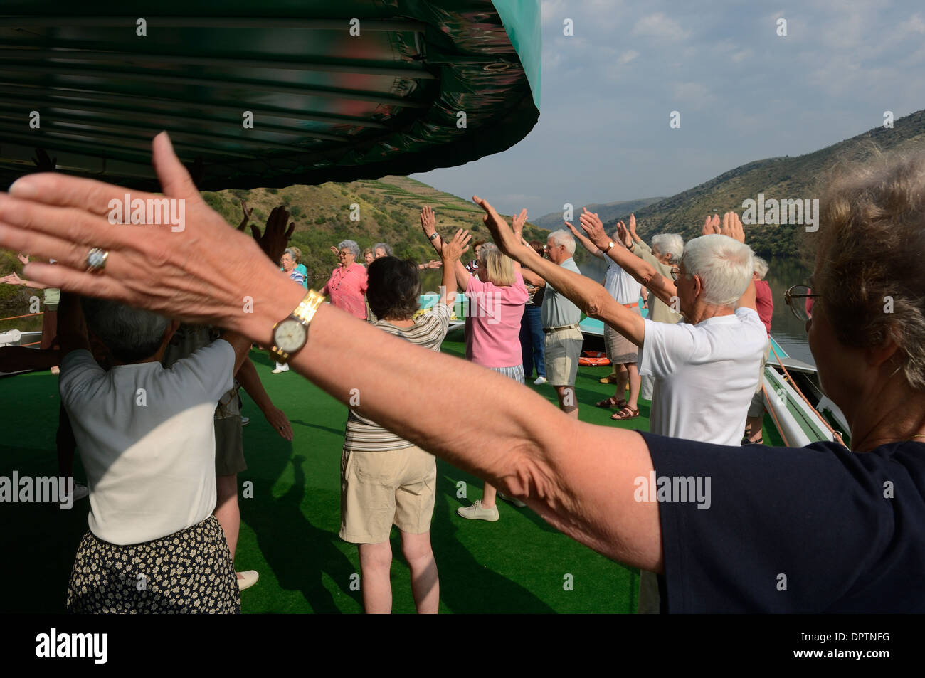 Exercise class on board a Douro valley river cruise. Portugal Stock ...