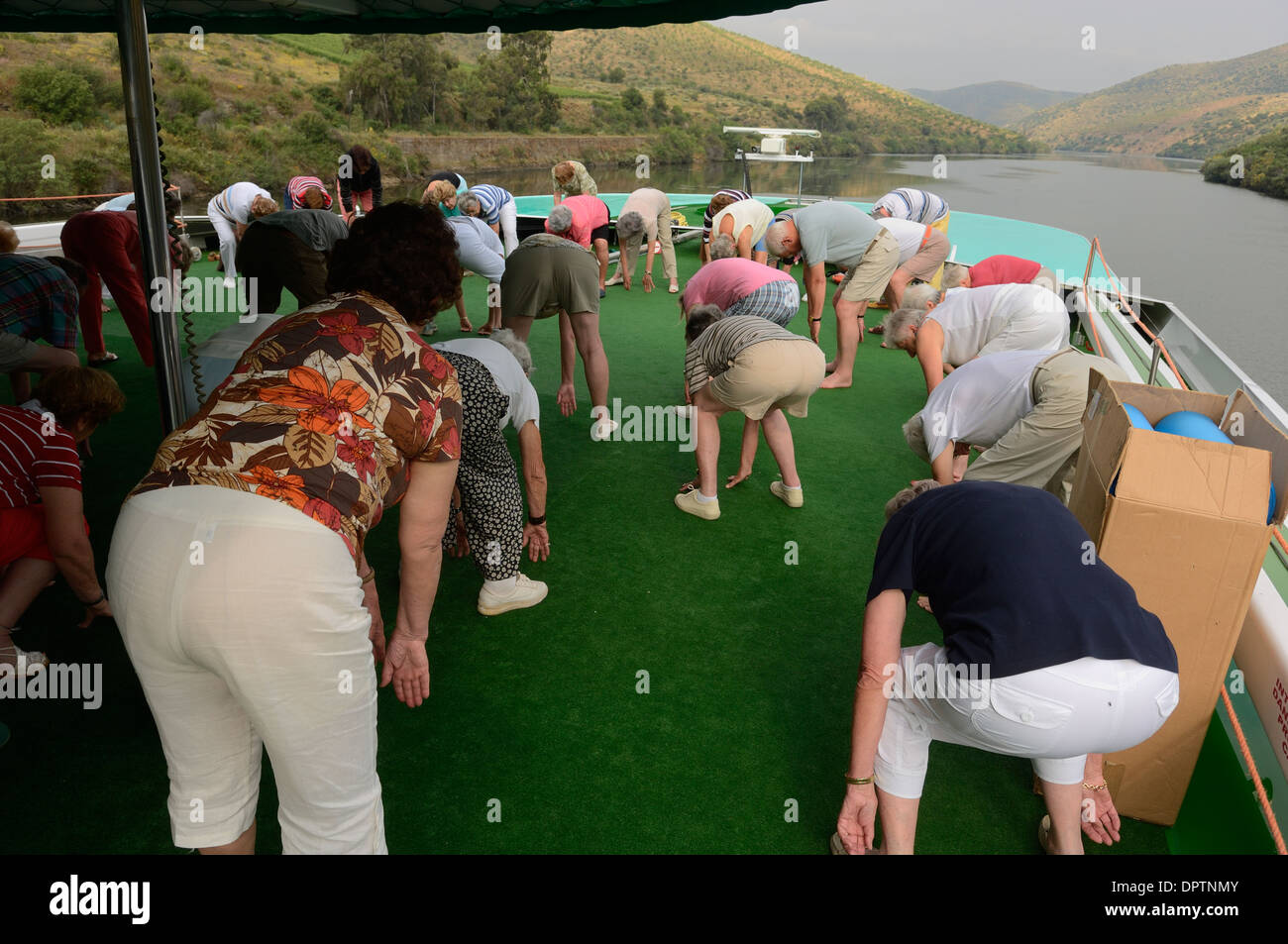 Exercise class on board a Douro valley river cruise. Portugal Stock ...