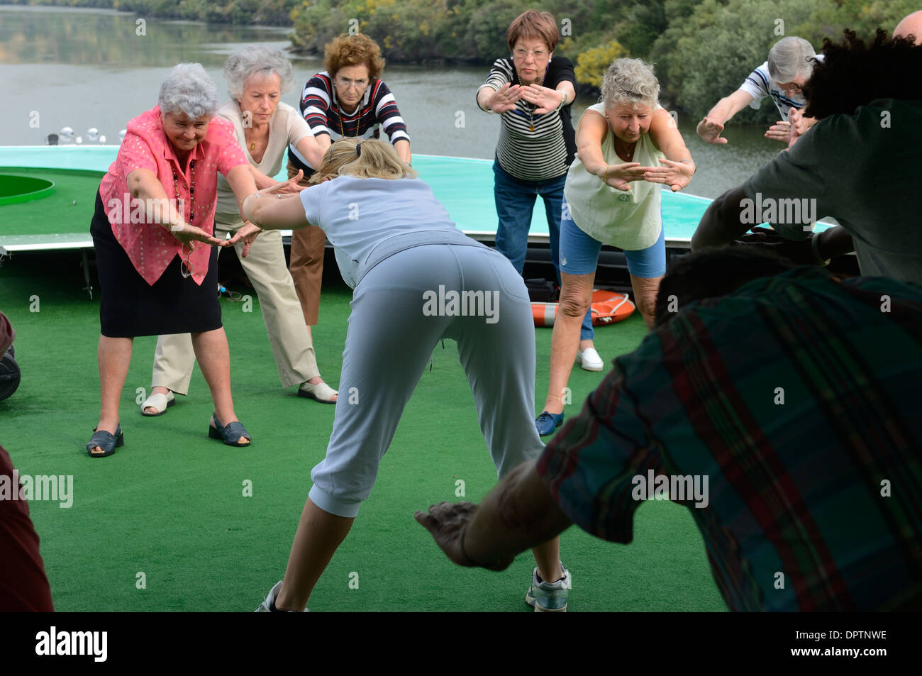 Exercise class on board a Douro valley river cruise. Portugal Stock ...
