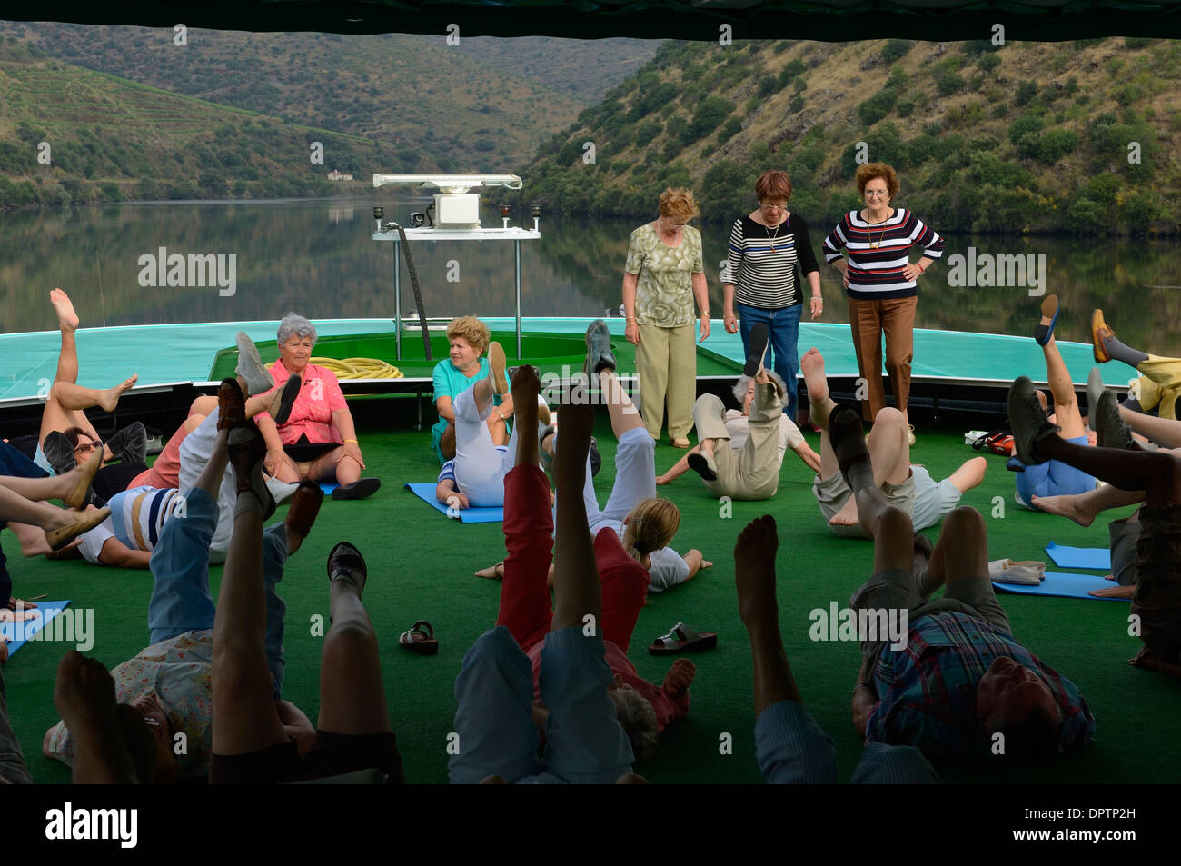 Exercise class on board a Douro valley river cruise. Portugal Stock ...