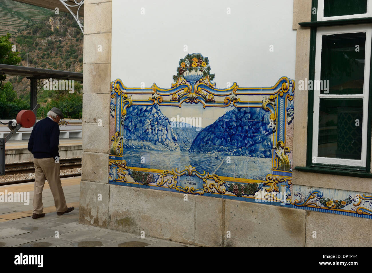 Azulejos, painted ceramic tiles at  Pinhao railway station. Douro Valley, Portugal Stock Photo
