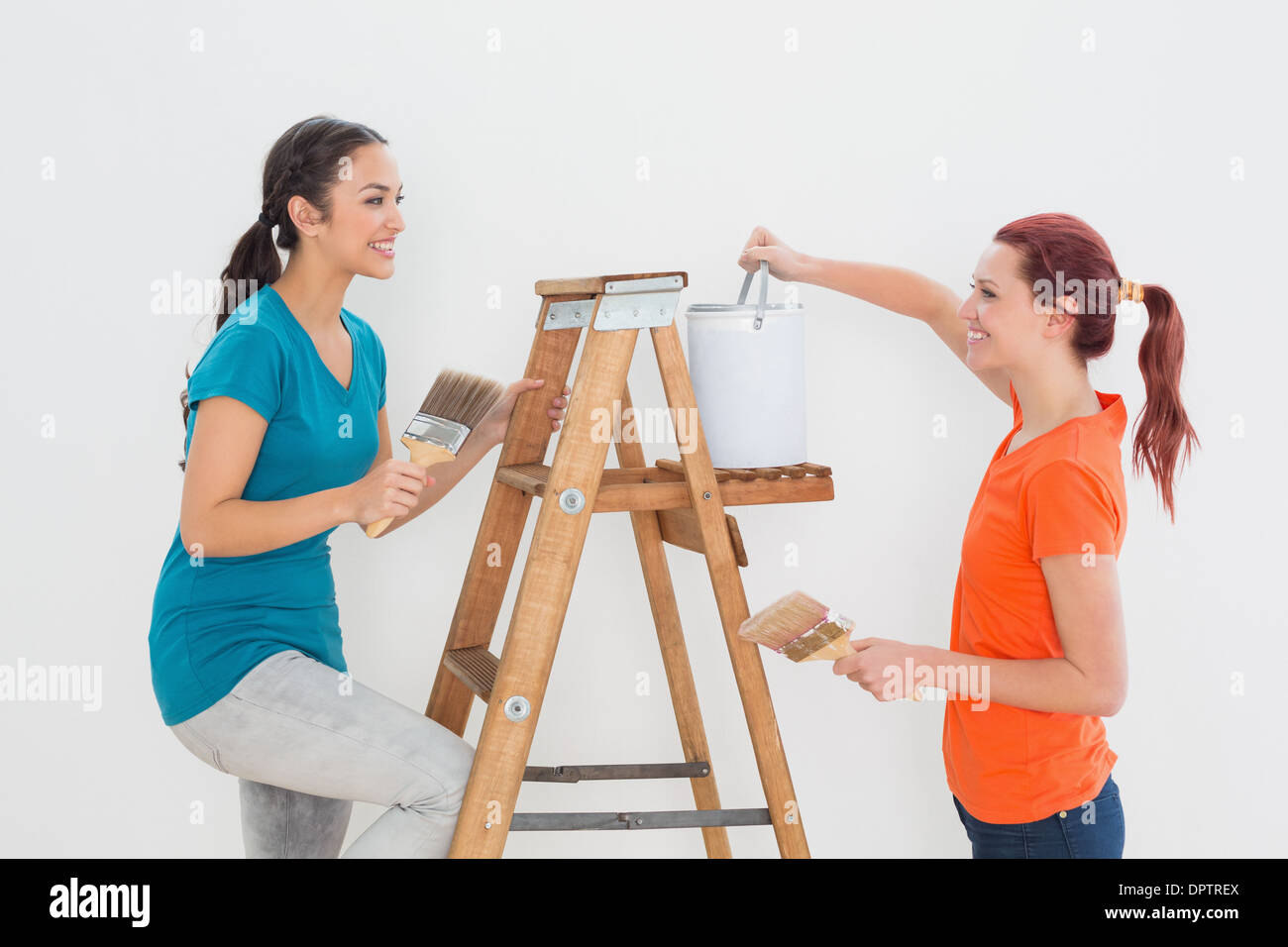 Female friends with paint brushes and ladder Stock Photo Alamy