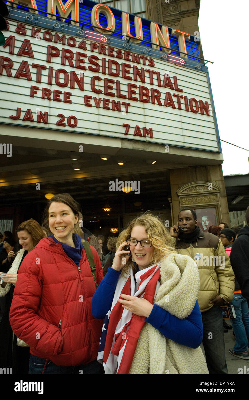 Jan 20, 2009 - Seattle, Washington, USA - People wait outside of the Paramount Theatre in Seattle. Over 2500 people turned out to watch a large TV screen at the Paramount Theatre in Seattle, WA. It was standing room only in the venue as Barack Obama was sworn in as the 44th president of the United States. (Credit Image: © Daren Fentiman/ZUMA Press) Stock Photo