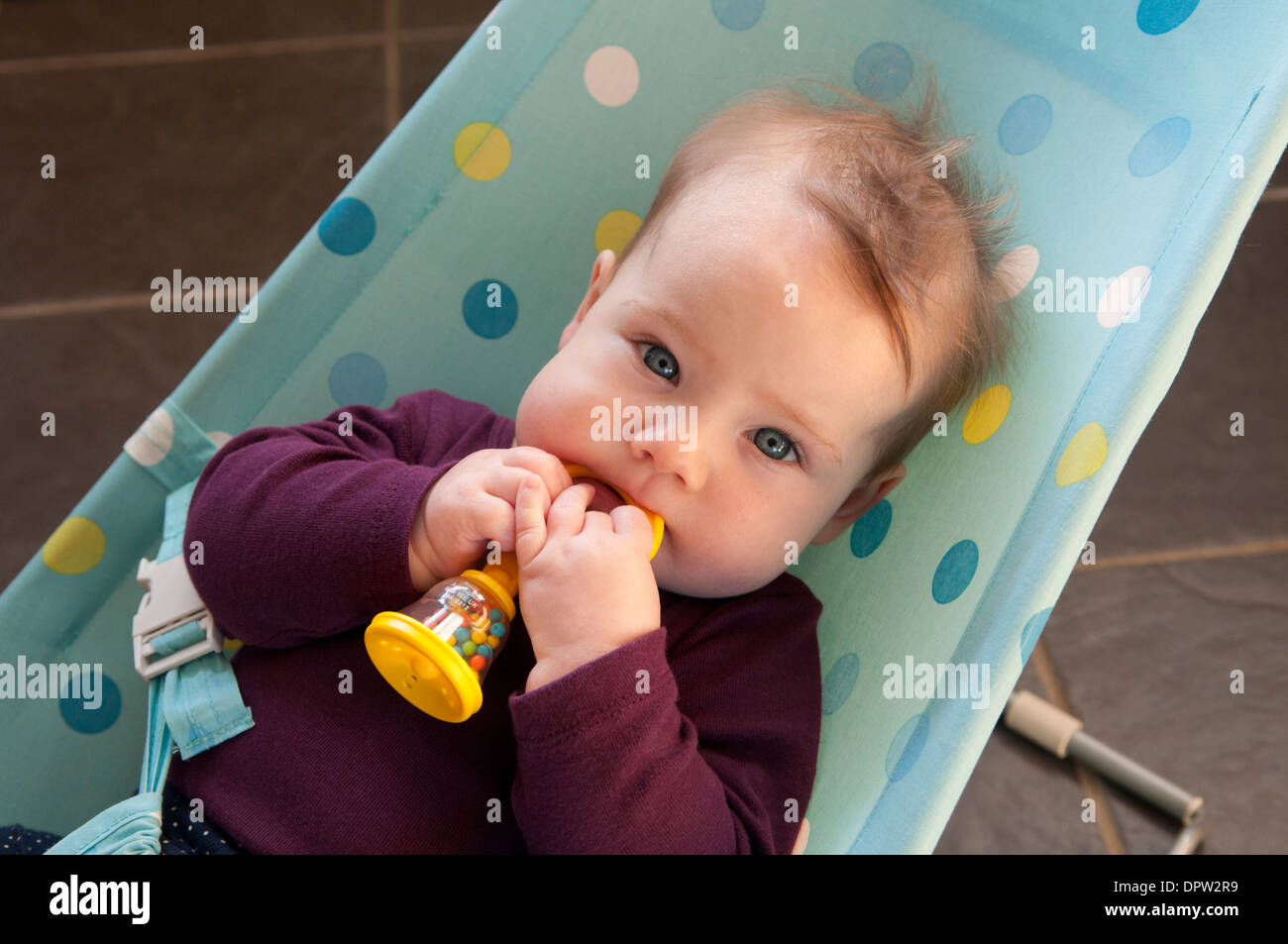 Portrait of little baby girl in a baby bouncer chewing her rattle