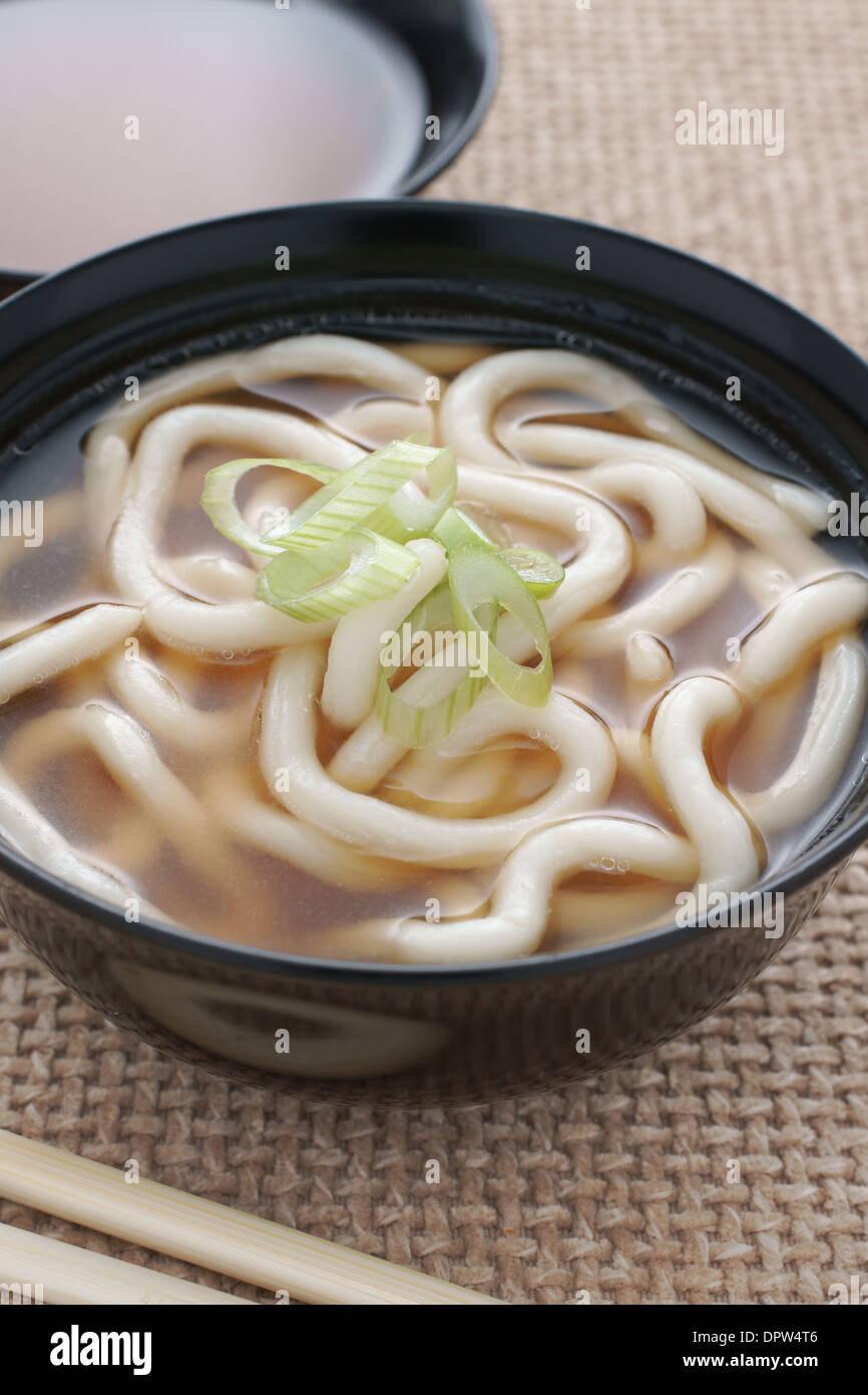 Udon Noodles in a soup base with scallions known as Kake udon or Su