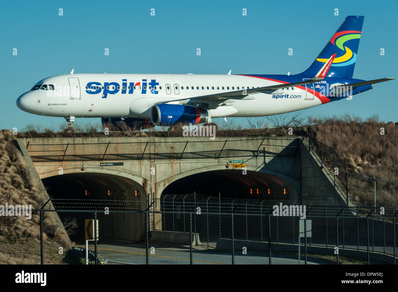 Spirit Airlines jet on runway at Hartsfield-Jackson Atlanta International Airport. Stock Photo