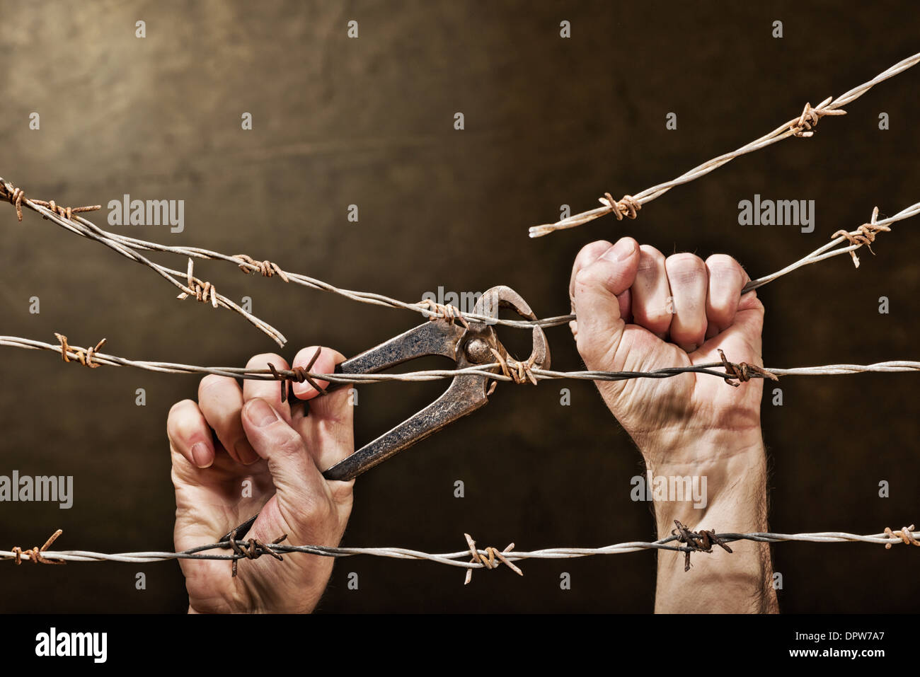 old rusty barbed wire with hands on the dark background Stock Photo