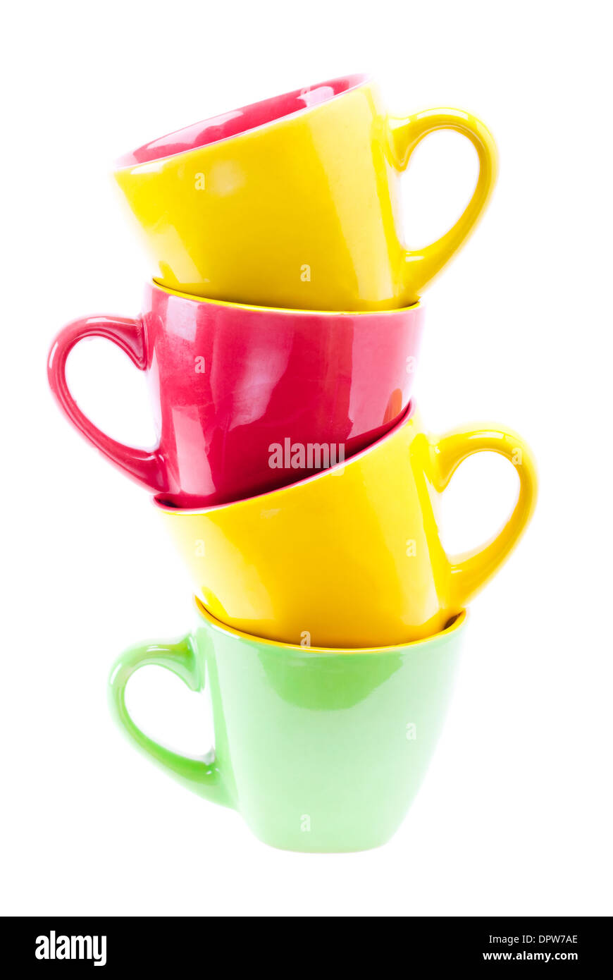 Beautiful yellow, red, green color cups. Tower stack of clean different