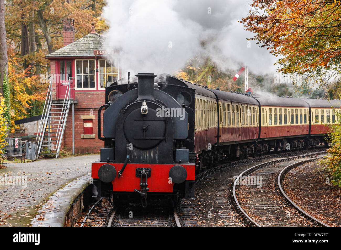 Steam train of the Lakeside and Haverthwaite Railway approaching Lakeside station at Windermere, Cumbria Stock Photo
