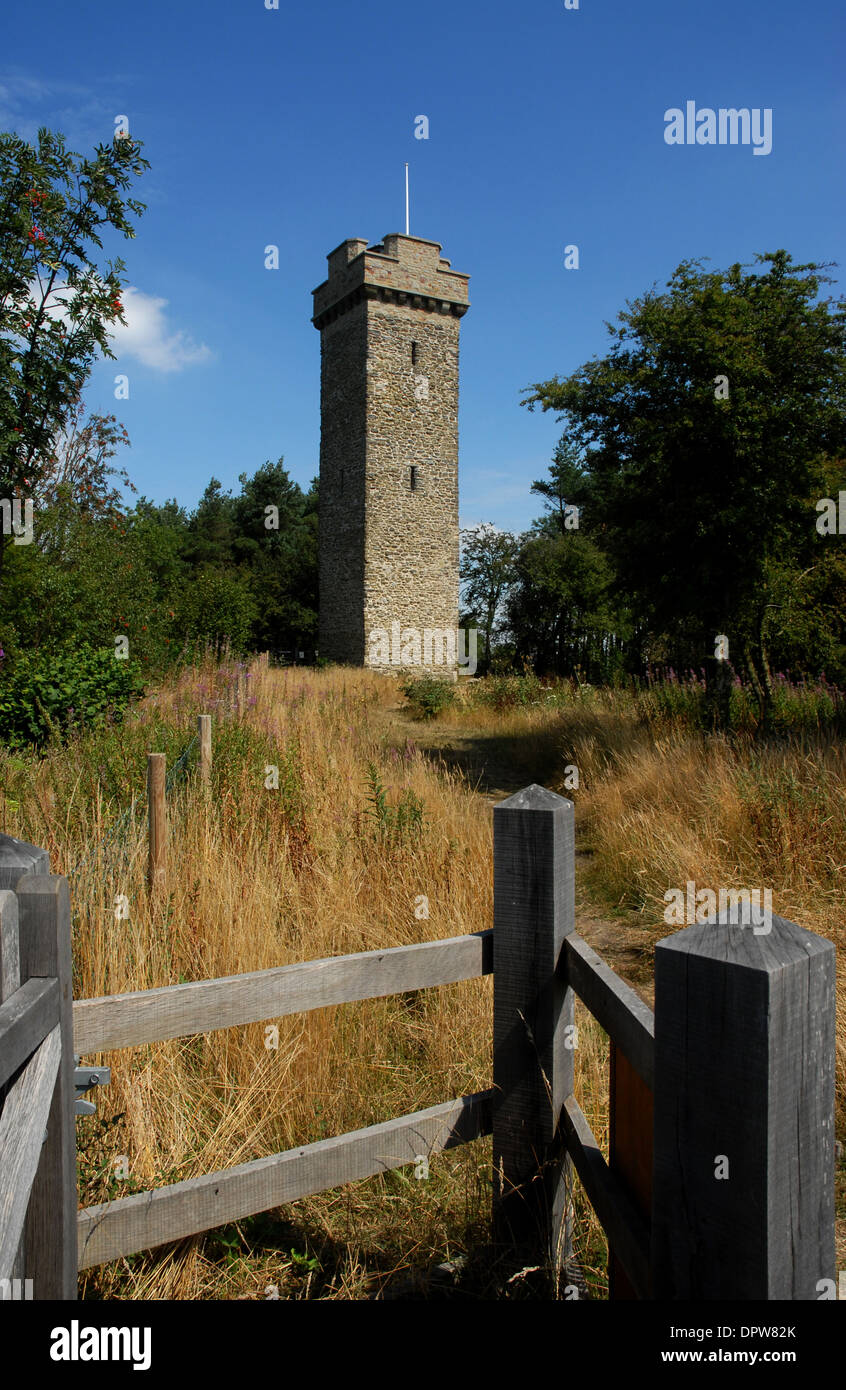 Flounders Folly near Craven Arms in Shropshire against a blue sky. built in 1838 on Callow Hill near the A49 trunk road Stock Photo