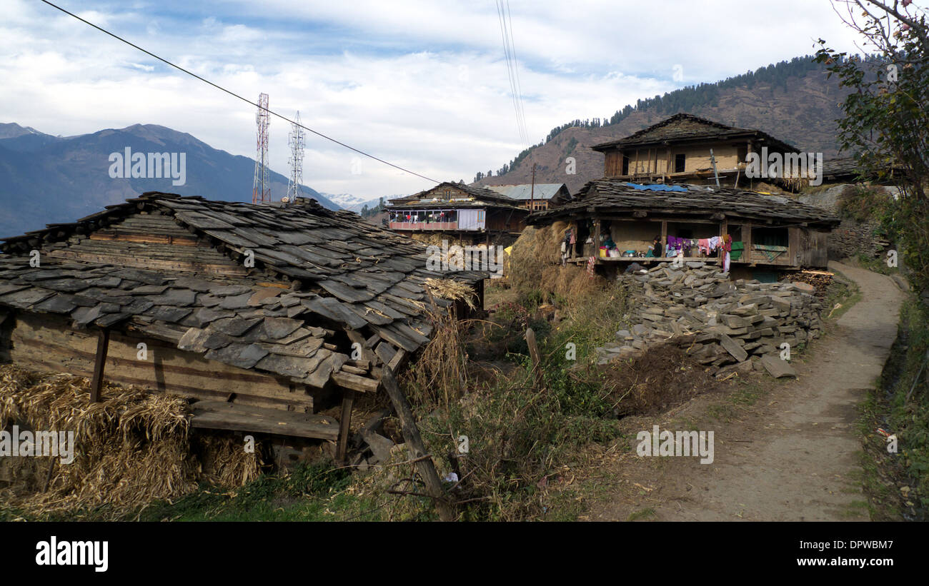 Rumsu village street, Naggar, Kullu Valley, Himachal Pradesh, N. India ...