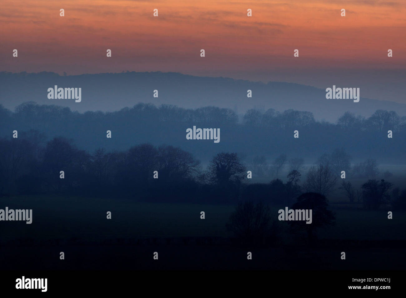The sun sets over the Malvern Hills Stock Photo