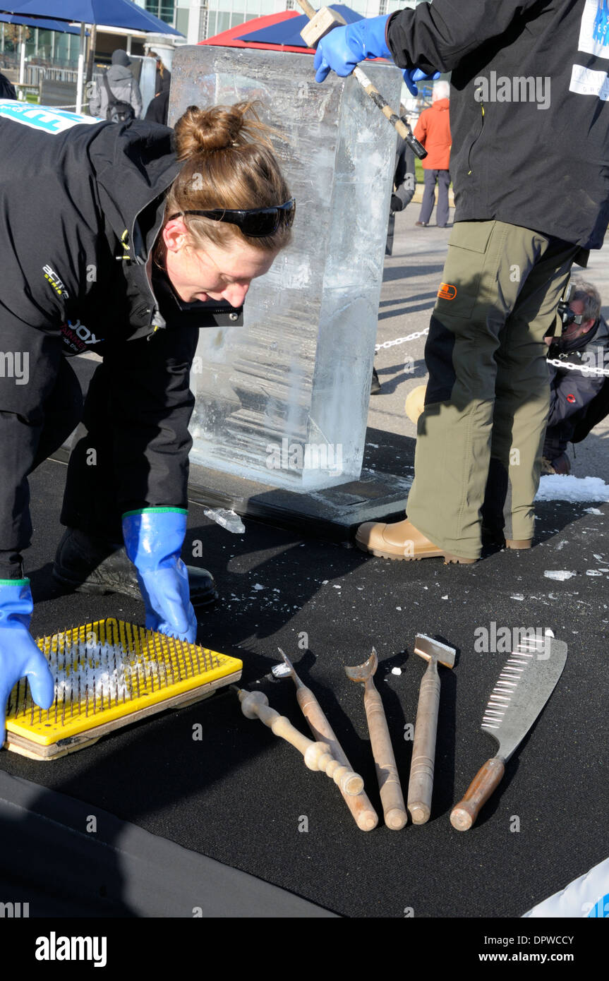 London Ice Sculpting Festival 2014 at Canary Wharf. Ice sculpting hand tools Stock Photo
