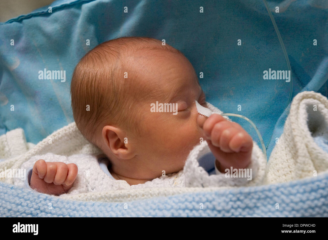 Premature newborn baby boy in hospital cot with a feeding tube attached
