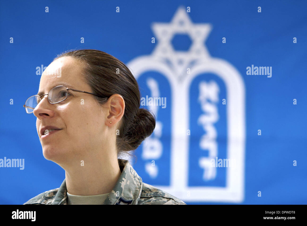 Feb 28, 2009 - Baghdad, Iraq - United States Airforce chaplain Captain SARAH SCHECHTER greets people during a Jewish Shabbat service on Joint Base Balad in Iraq.  Captain Schechter currently is the only Rabbinical chaplain serving in Iraq. (Credit Image: © John Goodman/ZUMA Press) Stock Photo