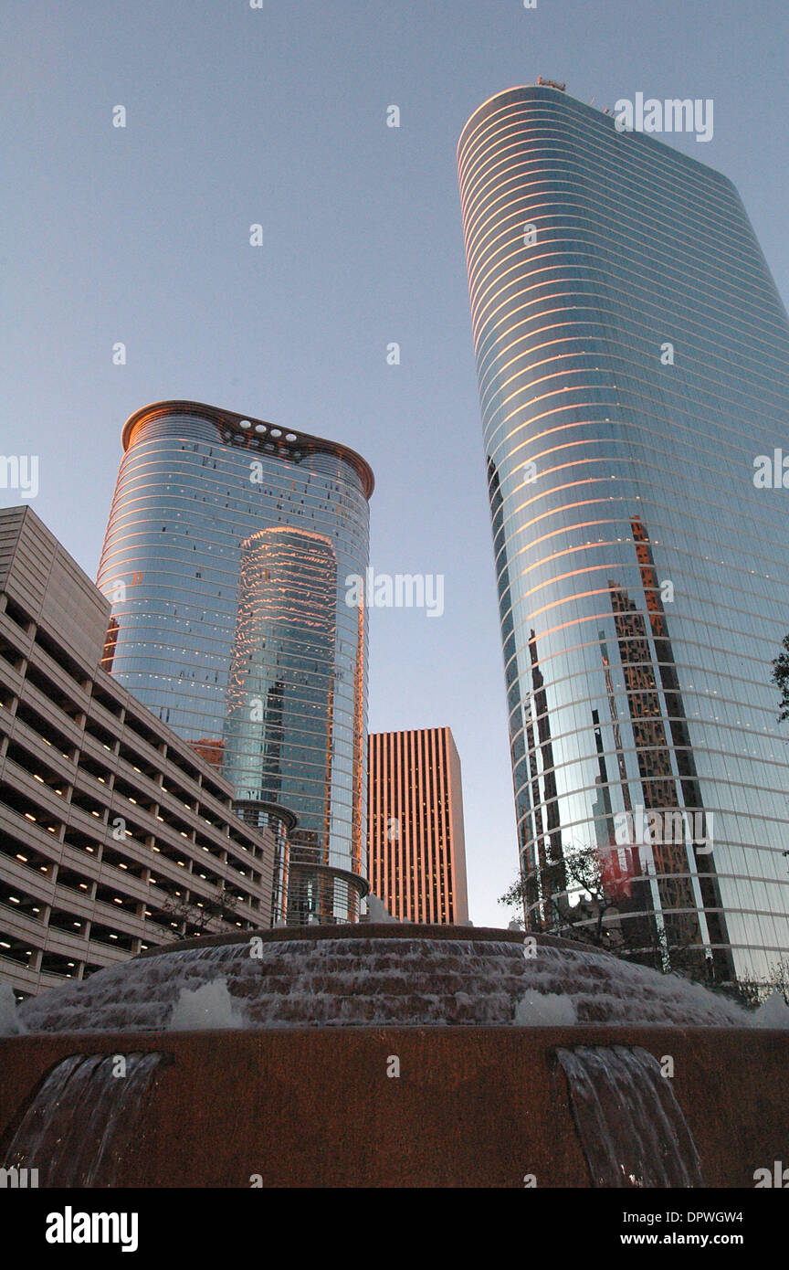 Jan 07, 2009 - Houston, Texas, USA - The former Enron Corporation towers in Houston, Texas. The towers now are simply known as 1500 Louisiana, left, and 1400 Smith, right. 1500 Louisiana suffered some damage from Hurricane Ike in September 2008 as evidenced by wood panels on some of the windows. (Credit Image: © Timothy L. Hale/ZUMA Press) Stock Photo