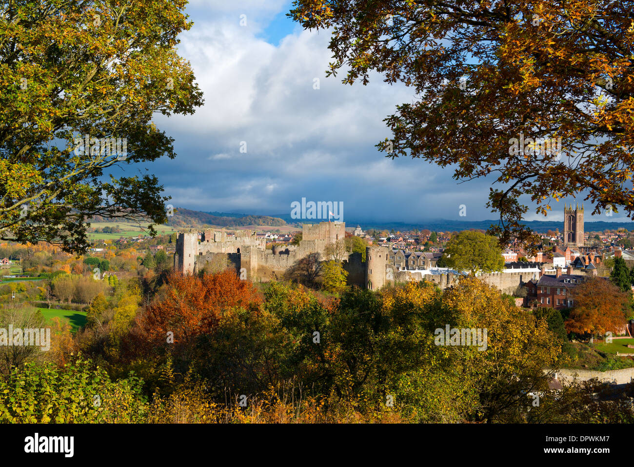 The market town of Ludlow in autumn, as seen from Whitcliffe Common, Shropshire, England. Stock Photo