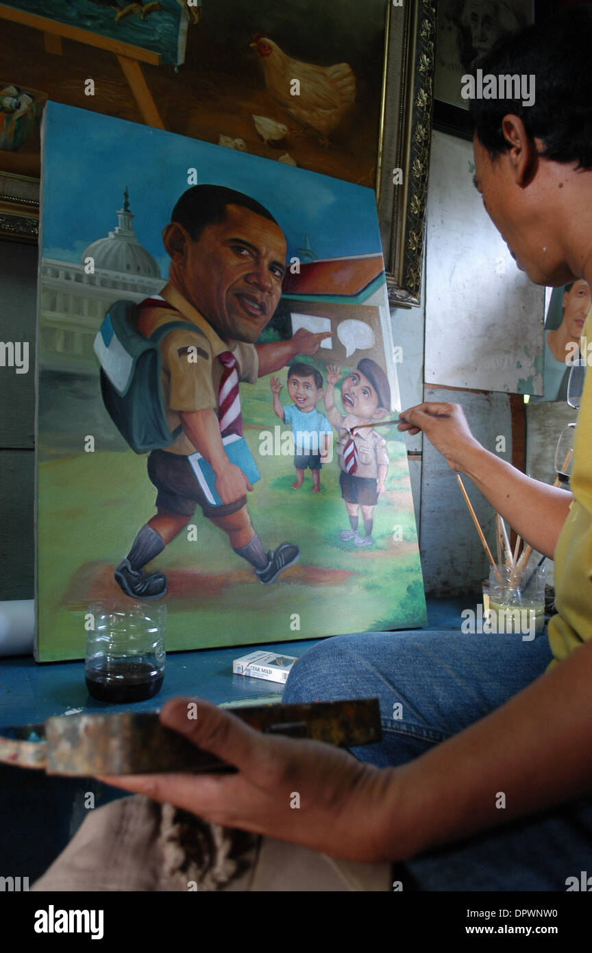 Jan 20, 2009 - Jakarta, Indonesia - A street painter paints a picture of US President Barack Hussein Obama at a vendor in Jakarta, Indonesia, January 20.2009. Barack Hussein Obama claimed his place in history as America's first black president, summoning a dispirited nation to unite in hope against the 'gathering clouds and raging storms' of war and economic woe. (Credit Image: © J Stock Photo