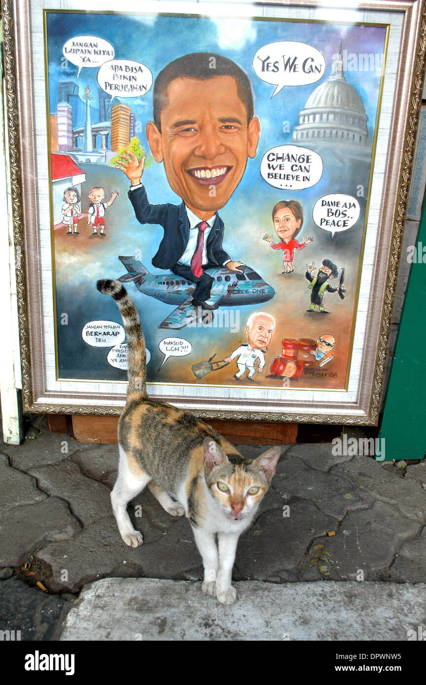 Jan 20, 2009 - Jakarta, Indonesia - A cat passes in front of a picture of US President Barack Hussein Obama painted by a vendor in Jakarta, Indonesia, January 20.2009. Barack Hussein Obama claimed his place in history as America's first black president, summoning a dispirited nation to unite in hope against the 'gathering clouds and raging storms' of war and economic woe. (Credit I Stock Photo