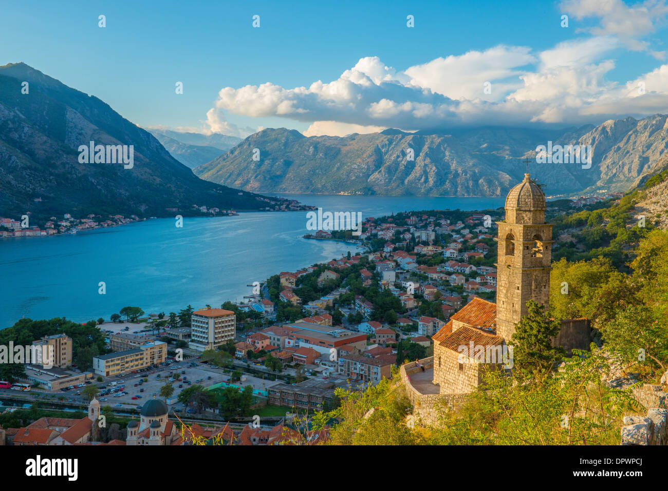 Belltower and view of Kotor along St. Giovanni Trail, Kotor, Montenegro Mediterraean Sea Stock Photo