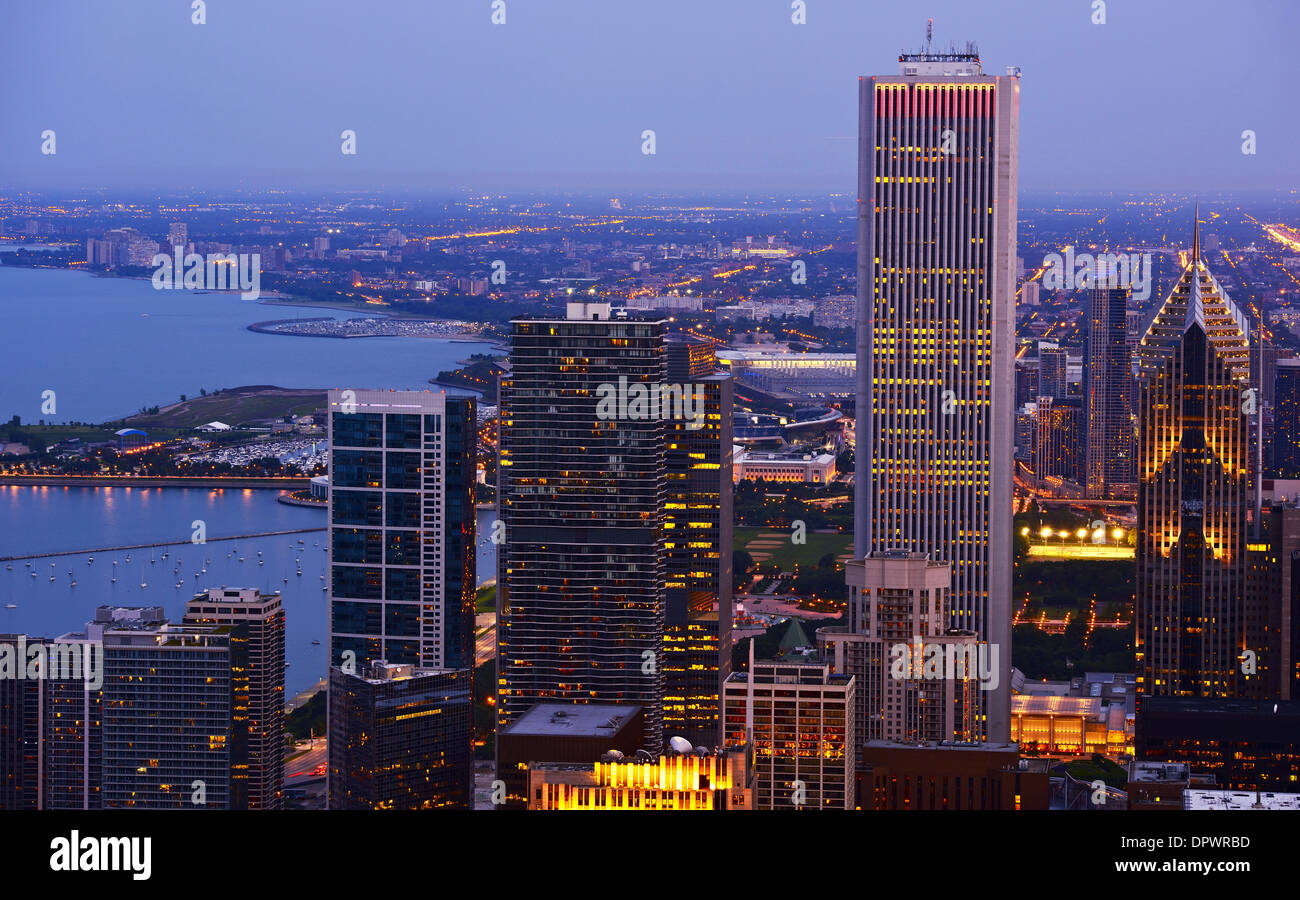 Chicago Downtown and Lake Michigan View at Dusk. Scenic Chicago Skyline. Chicago, Illinois, USA. Stock Photo