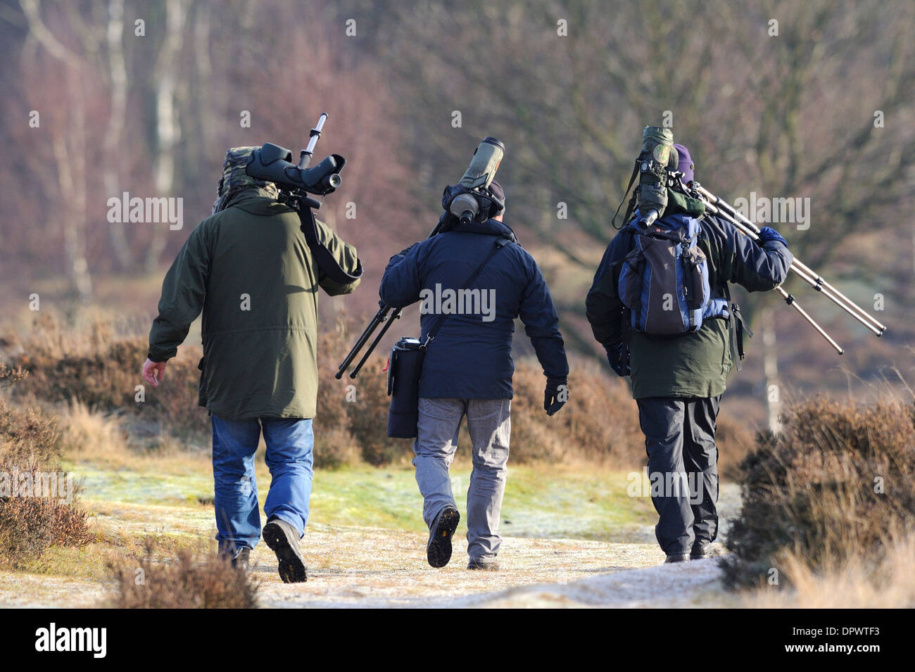 Male bird watchers or twitches with scopes and cameras. Stock Photo