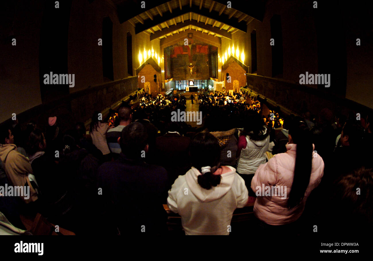 Dec 12, 2008 - Madera, California, USA - Nearly 2,000 faithful braved a cold winter morning and thick fog during the annual Guadalupana celebration. The sanctuary of St. Joachims Catholic Church was filled to capacity for a morning mass. (Credit Image: © John Tipton/ZUMA Press) Stock Photo