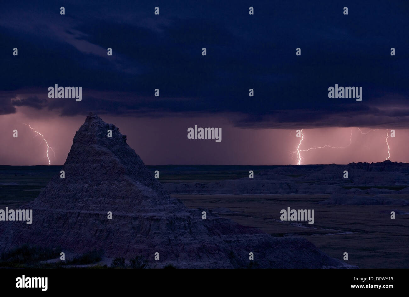 South Dakota Storm Stormy Night at Badlands Landscape. Lightnings on the Horizon. South Dakota