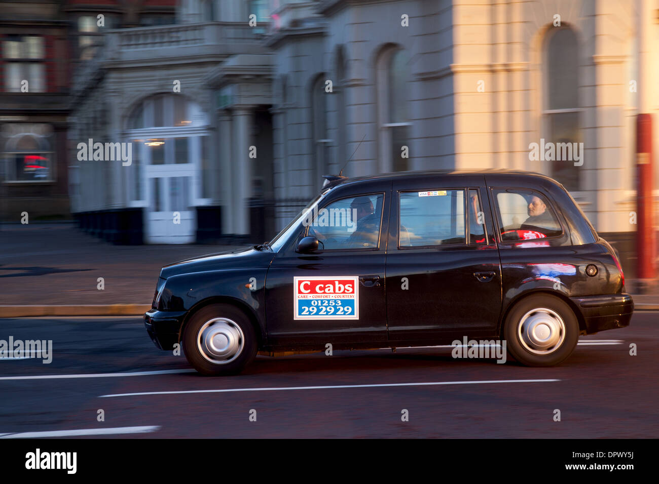 Hackney Cabs, Private Hire Vehicles for hire  Taxis in Blackpool Town Centre, Lancashire, UK Stock Photo