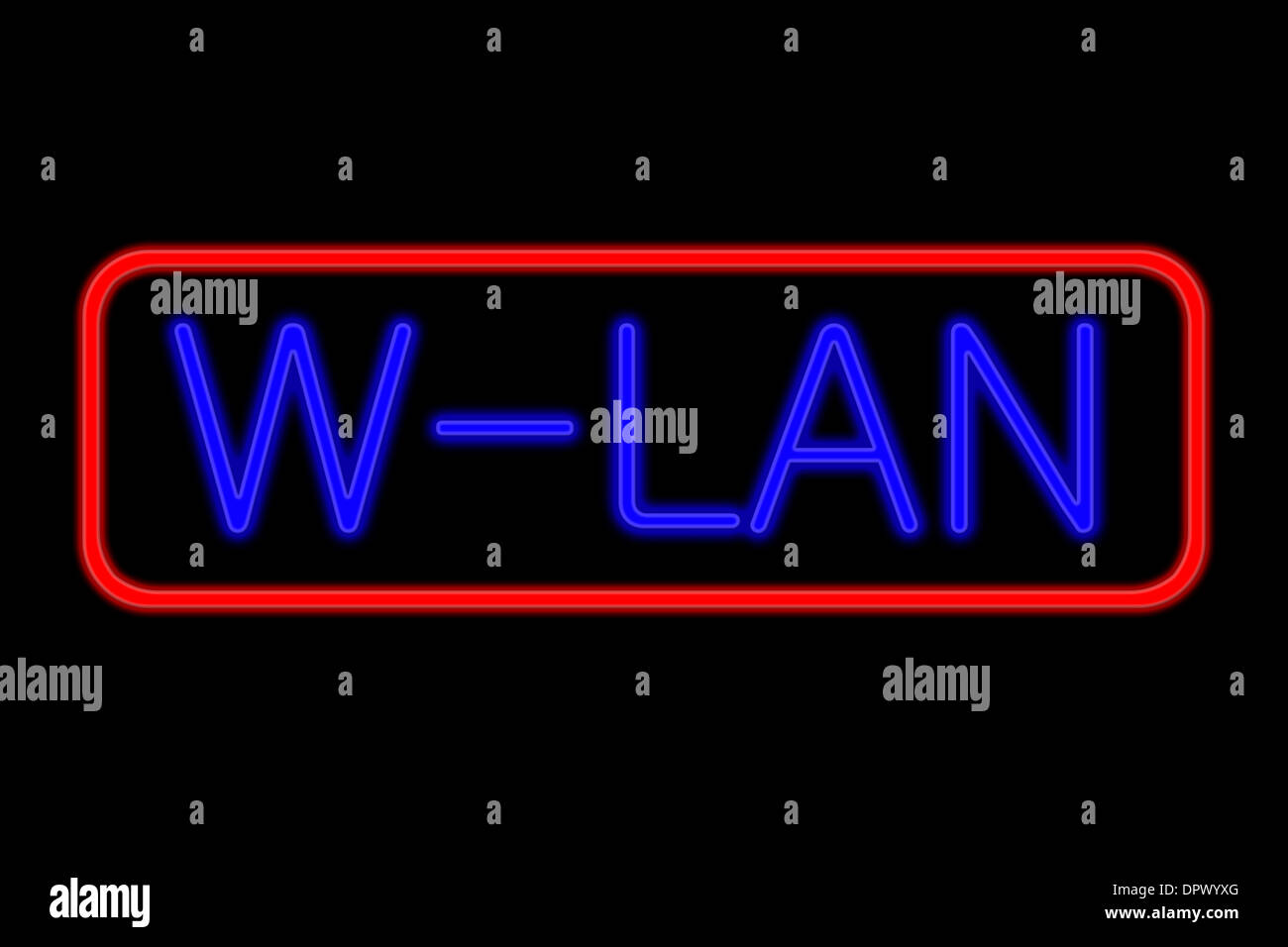 Illuminated Neon sign with blue Letters and red frame showing w-lan isolated on black background Stock Photo
