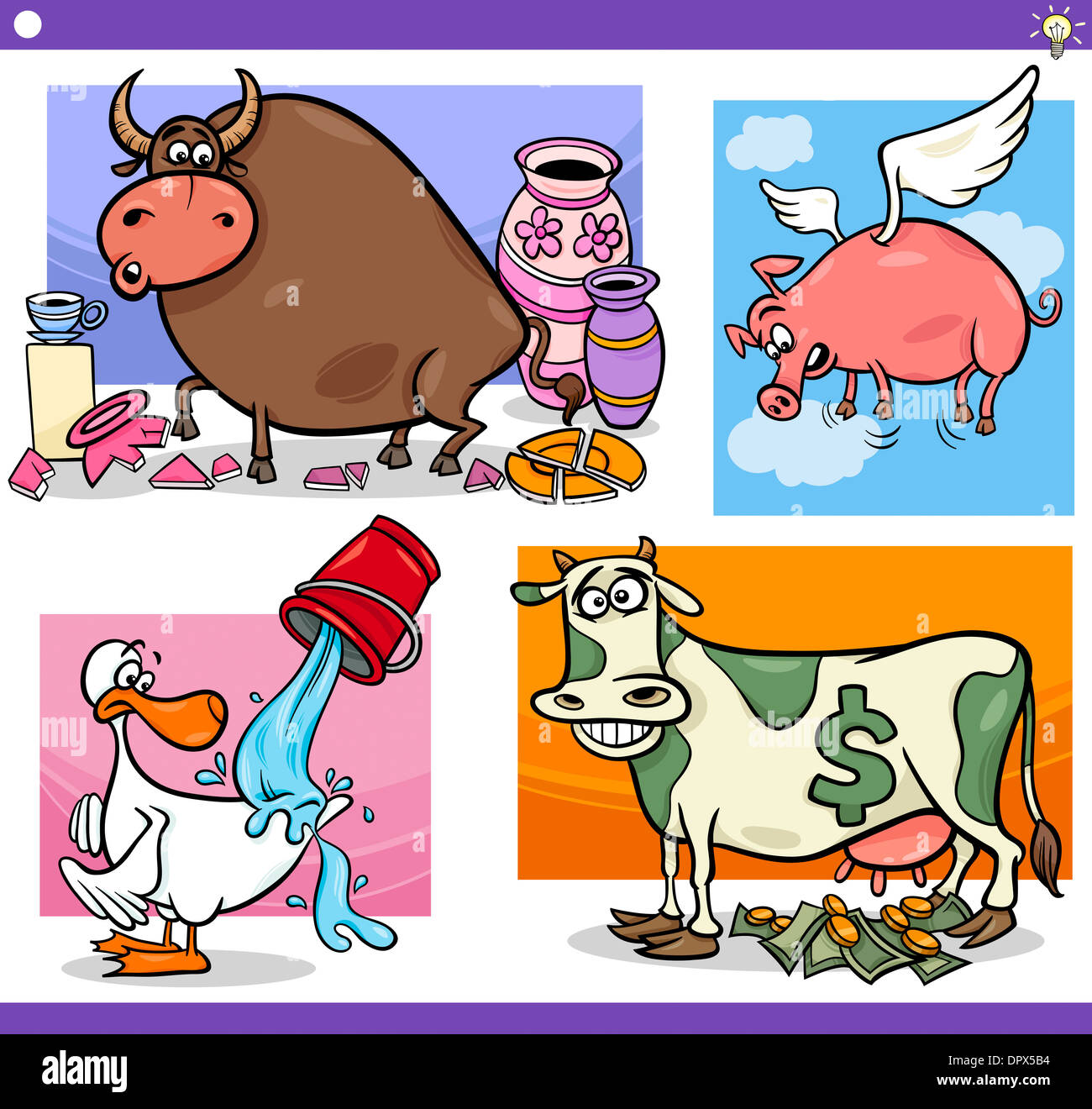 Illustration Set of Humorous Cartoon Sayings or Proverbs Concepts and Metaphors with Funny Animal Characters Stock Photo