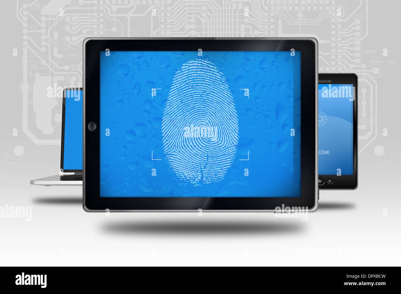Device Identity Check. Tablet Computer with Fingerprint Screen Check