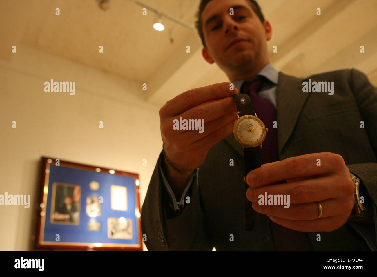 Mar 02, 2009 - New York, New York, USA - JULIEN SCHAERER, Director of Watch Department of Antiquorum Auctioneers, showing the Kennedy-Onassis watch. The Nastrix watch that belonged to John F. Kennedy, the 35th. President of the US, and later to Aristotle Onassis. The Kennedy-Onassis watch, Gandhi's pocket watch and a Giuseppe Bonanno watch are being auctioned this week at the Antiq Stock Photo
