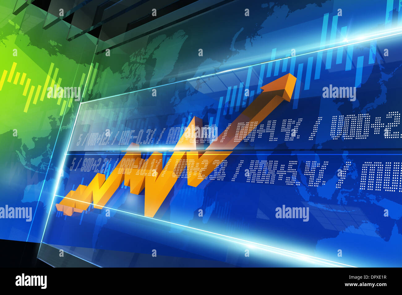 Abstract Stock Market Chart with Glassy Elements, Orange Stat Arrow and World Map. 3D Render Illustration. Stock Photo