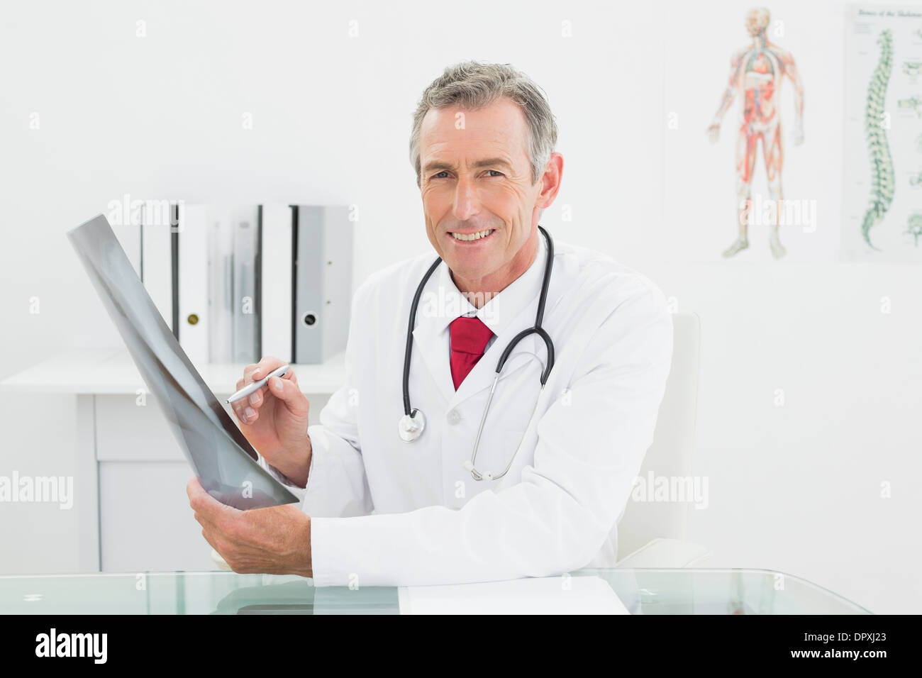 Smiling doctor with x-ray picture of lungs in office Stock Photo