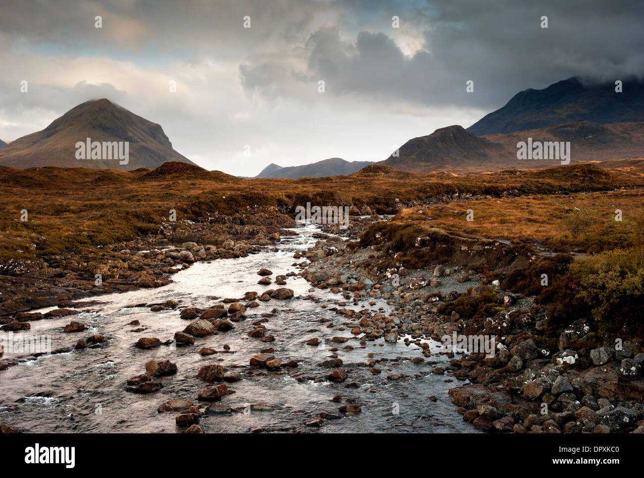 View of Marsco of the Red Cuillins (left) and Sgurr nan Gillean, Sligachan, Isle of Skye, Scotland Stock Photo