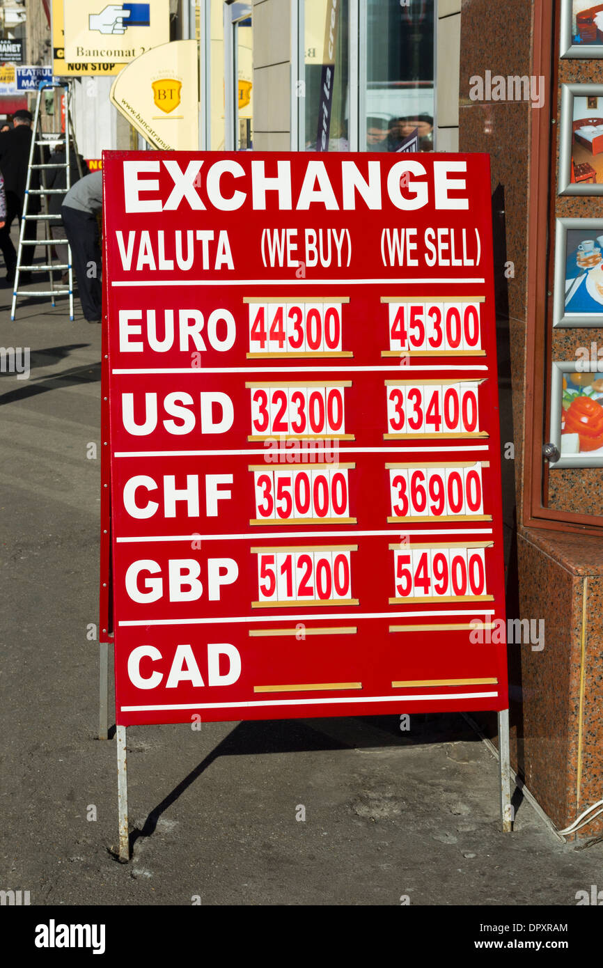 Foreign currency exchange rate board in Bucharest, Romania Stock Photo