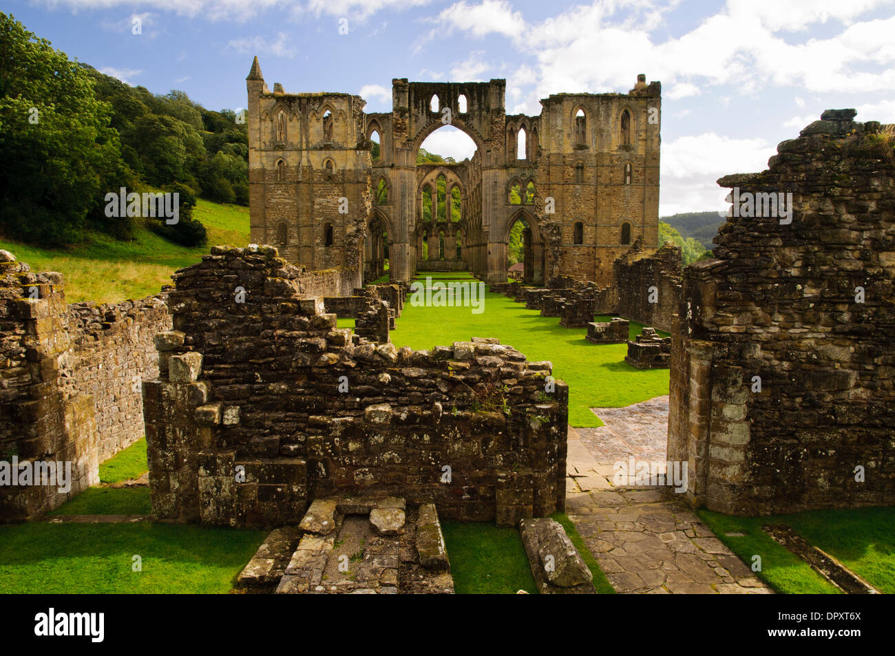 A view of the ruined abbey at Rievaulx in the North York Moors National park. September. Stock Photo