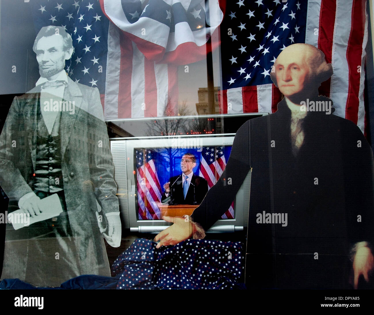 Jan 18, 2009 - Washington, District of Columbia, USA - A video of Obama's election night speech plays on a television in a political memorabilia store in Washington, D.C. on inauguration weekend. (Credit Image: © Pete Marovich/ZUMA Press) Stock Photo