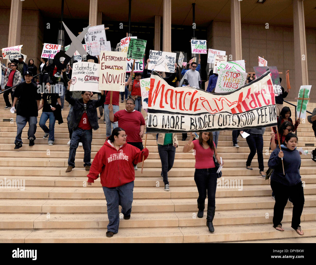 Mar 11, 2009 - Northridge, California, USA - Students march down the front steps of the Oviat Library at California State University Northridge while protesting budget cuts. Northridge, CA 3-11-2009. (Credit Image: © John McCoy/Los Angeles Daily News/ZUMA Press) RESTRICTIONS: * USA Tabloids Rights OUT * Stock Photo