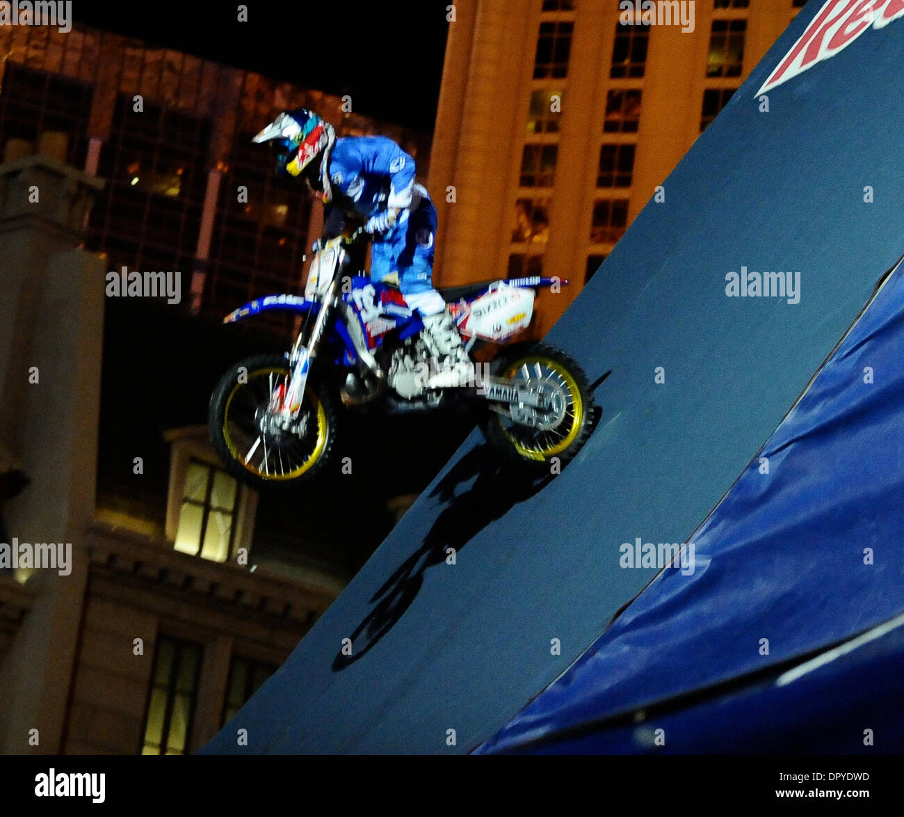 Dec 31, 2008 - Las Vegas, Nevada, USA - Motor cross dare devil ROBBIE  MADDISON successfully jumps the Arc de Triomph at the Paris Hotel, the jump  aired live on ESPN for